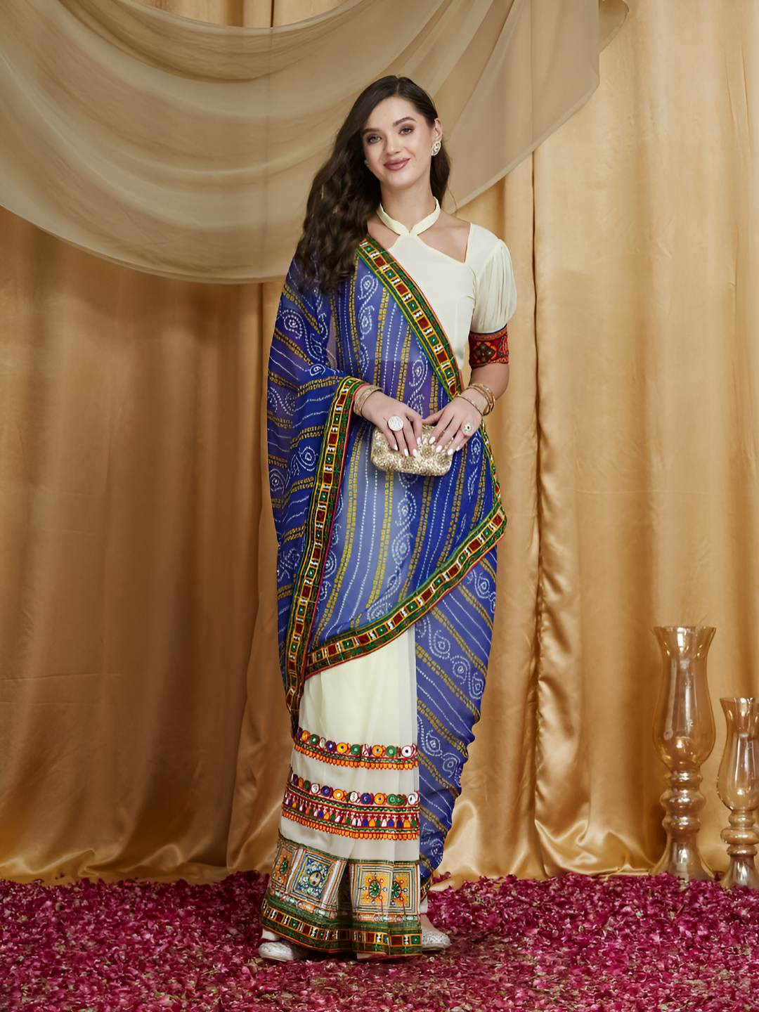 Mitera Bandhani Kutchi Embroidery Pure Georgette Half And Half Bandhani Saree With Blouse