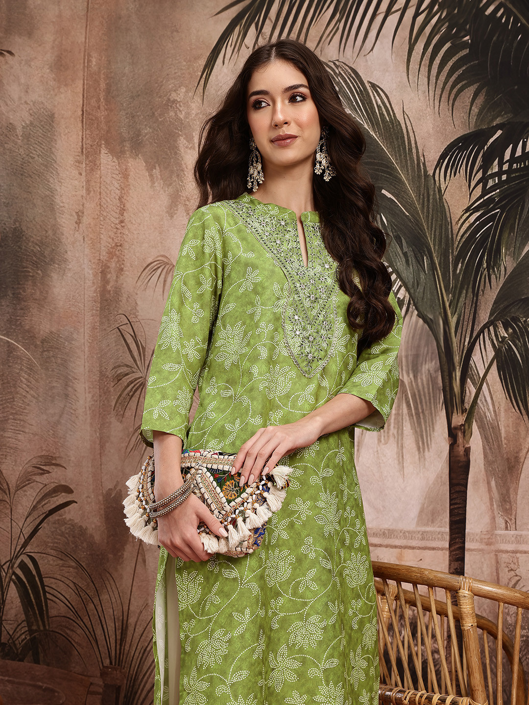 Sangria Bandhani Zari Work Yoke Design Indie Florals Kurta