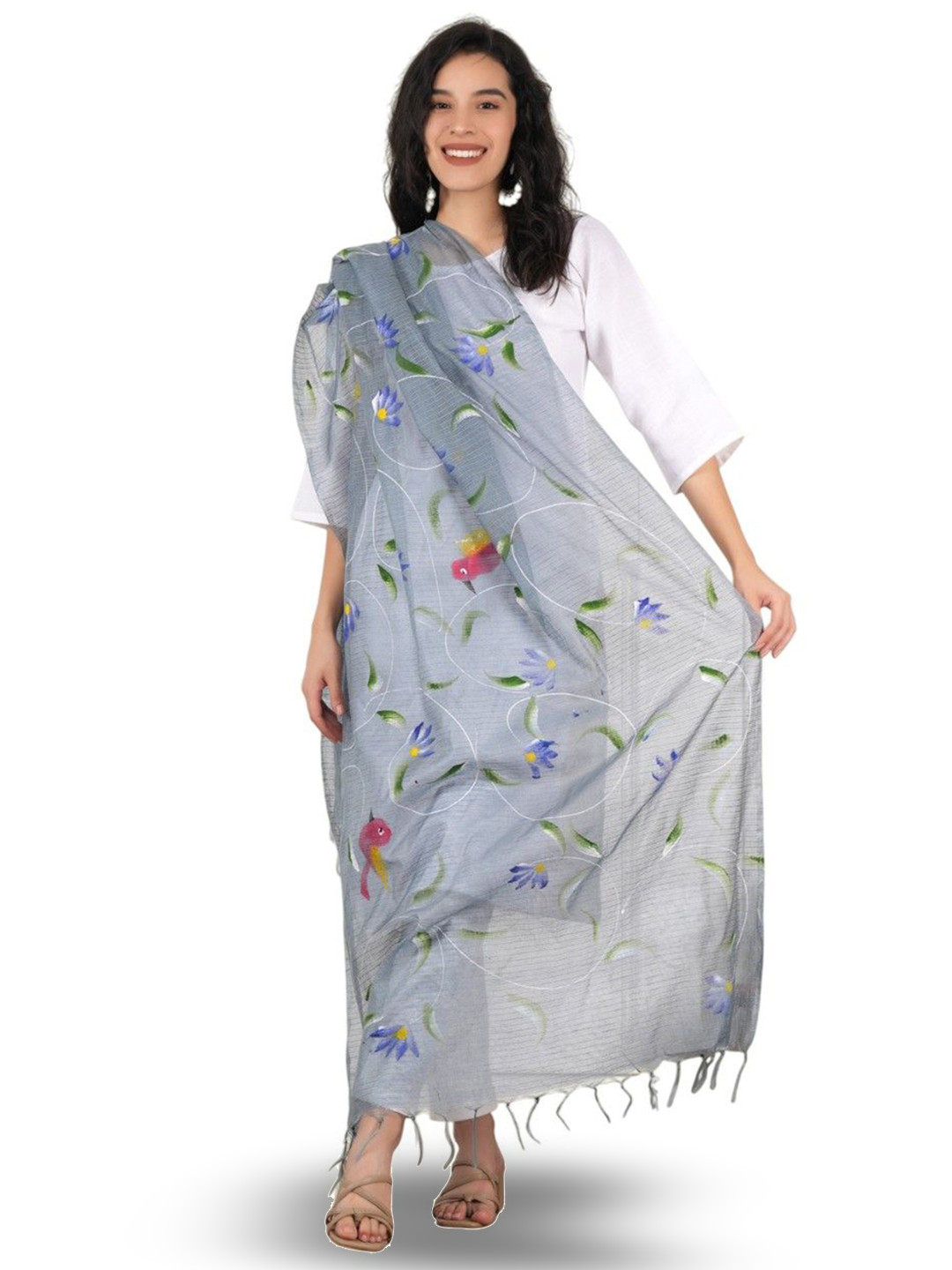 A R SILK DUPATTA HUB Floral Painted Kota Doria Cotton Dupatta