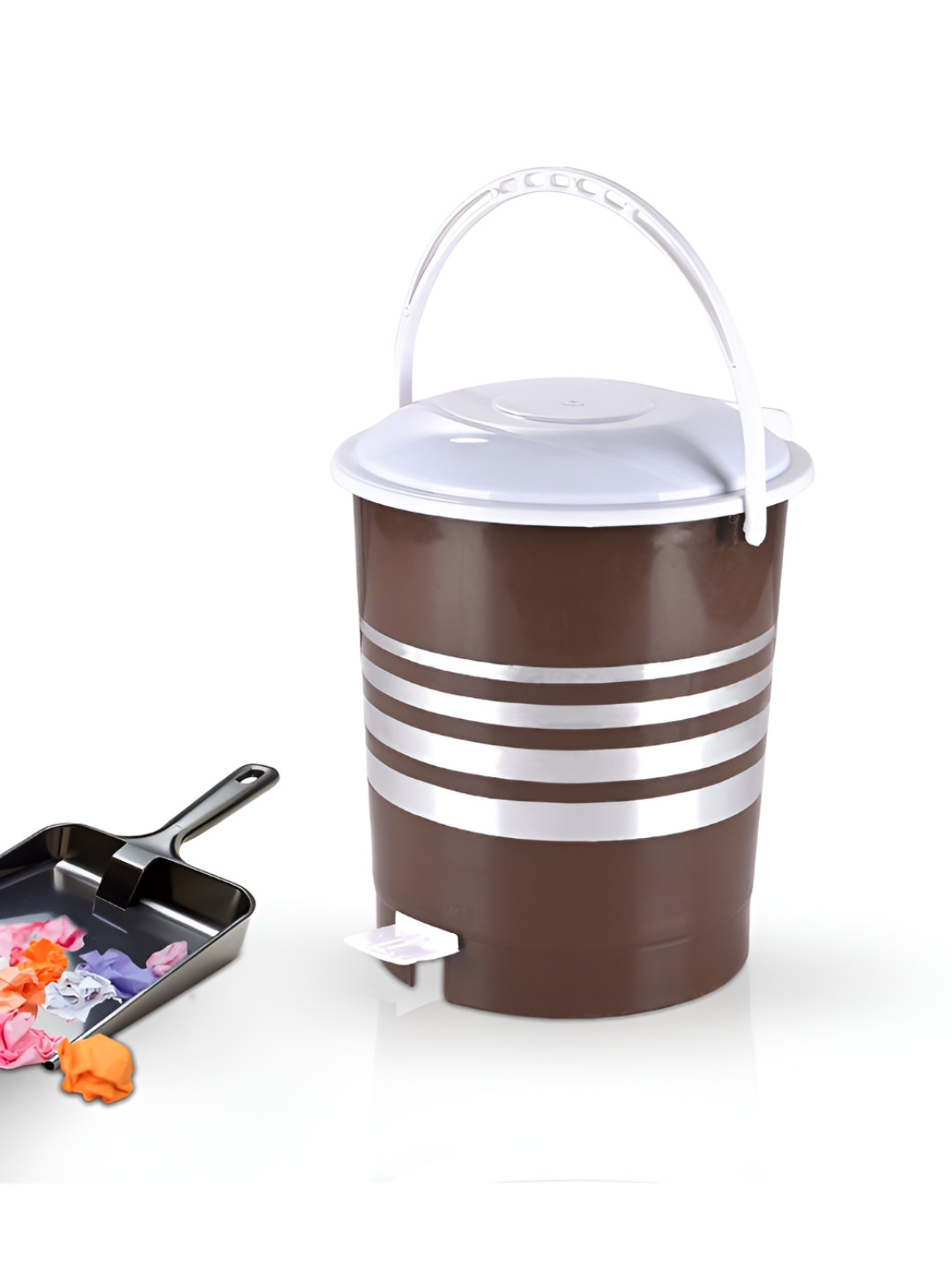 Aura Brown & White Striped Pedal Dustbin With Lid - 10  L