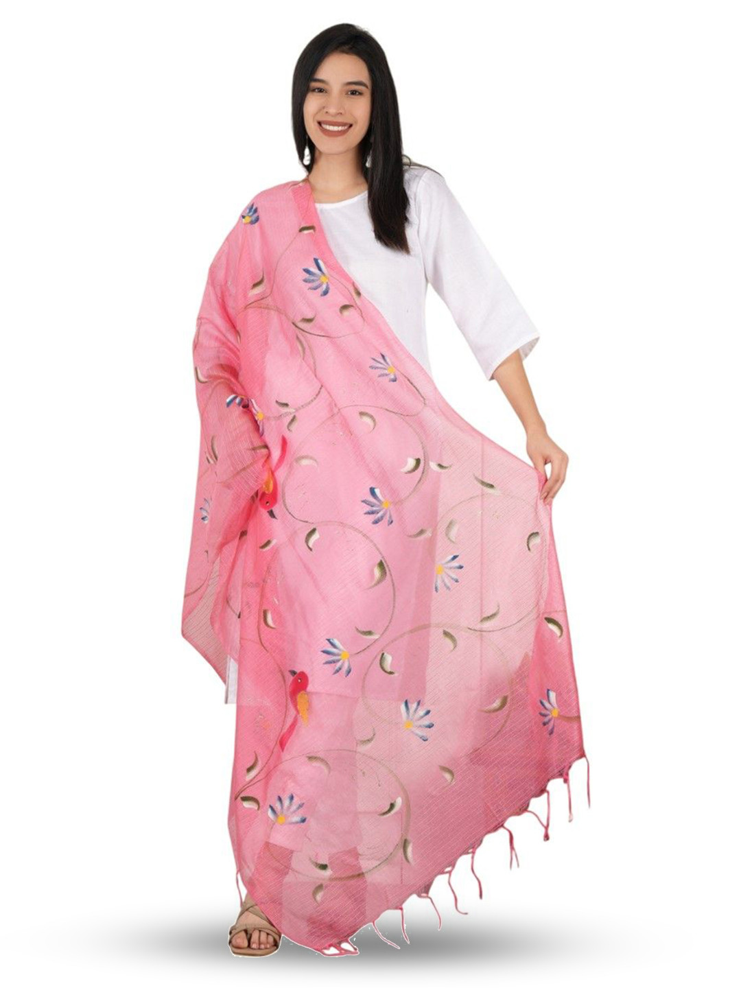 A R SILK DUPATTA HUB Floral Hand Painted Cotton Dupatta