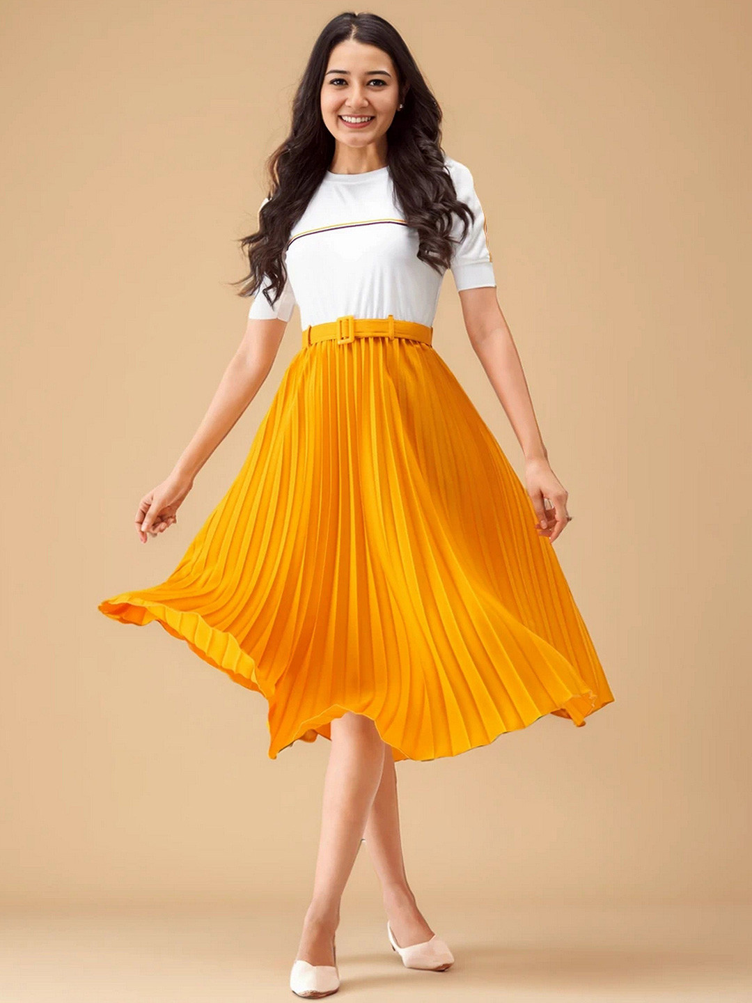AASK Women Yellow Solid Crepe Fit and Flare Puff Sleeve Calf Length Dress