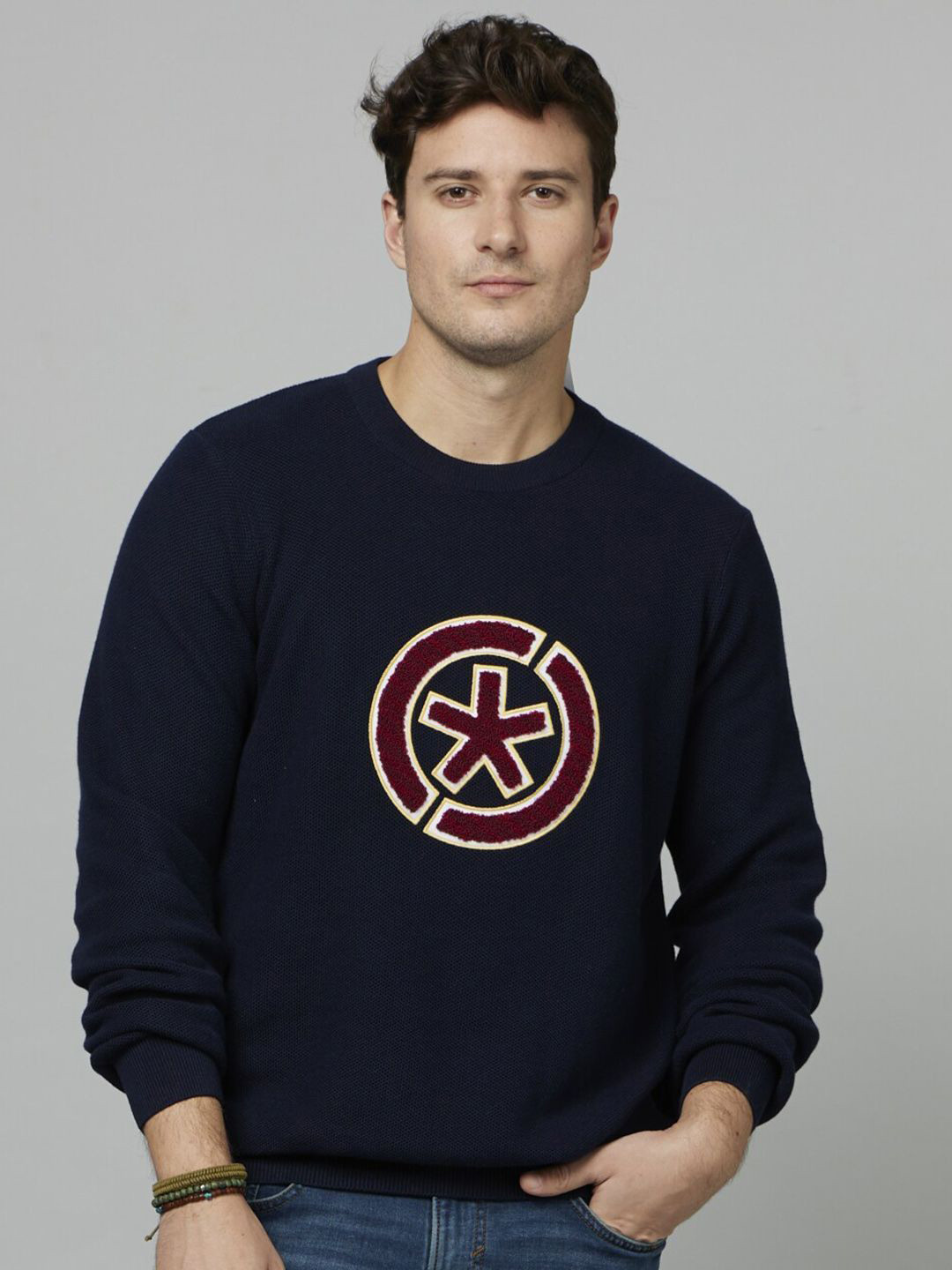 Celio Men Geometric Self Design Pullover Regular Fit Cotton Basic Sweater