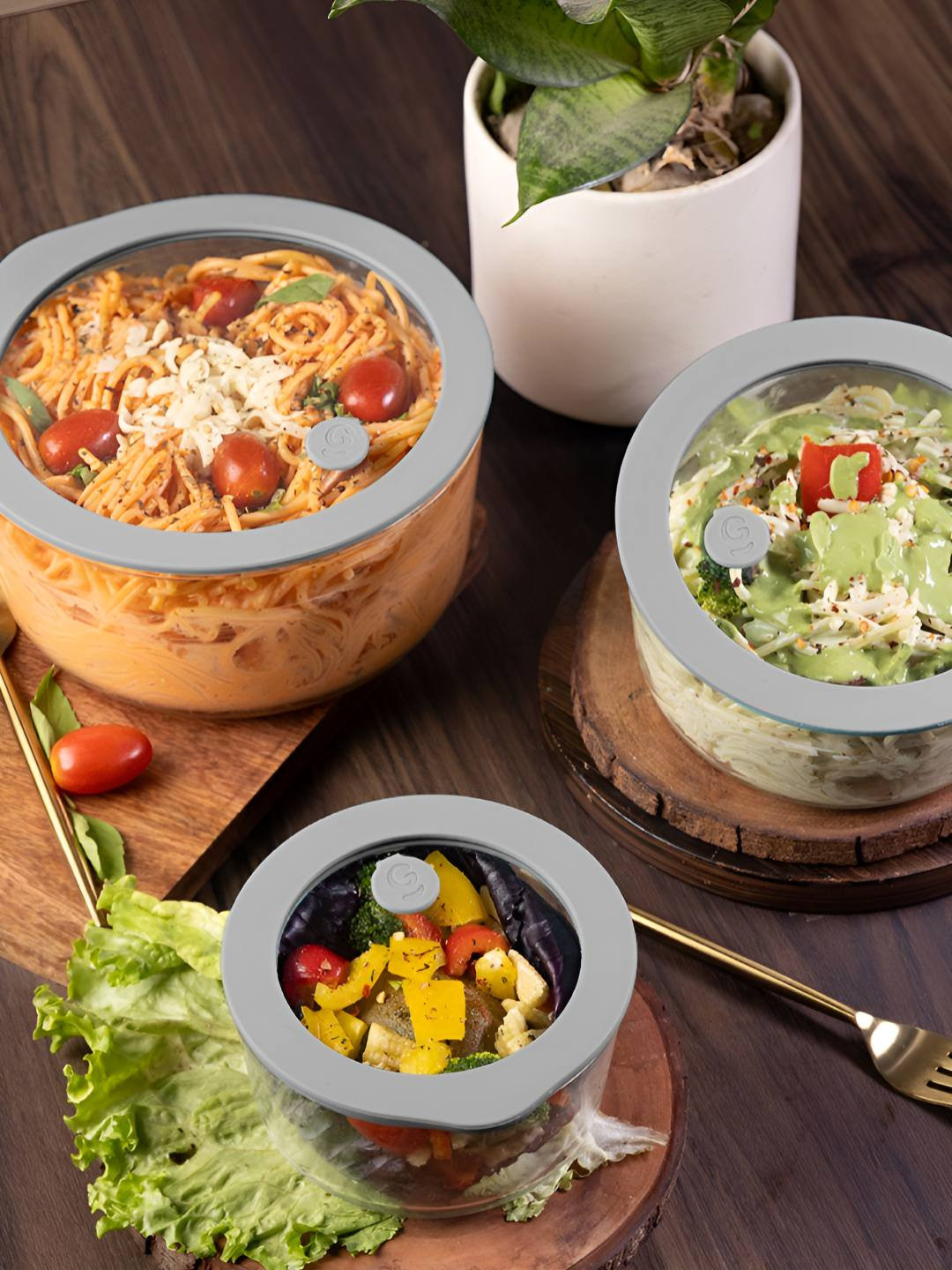 Glasafe Set of 3 Borosilicate Bowl With Lid For Serving & Mixing 950 ml,500 ml & 1600 ml