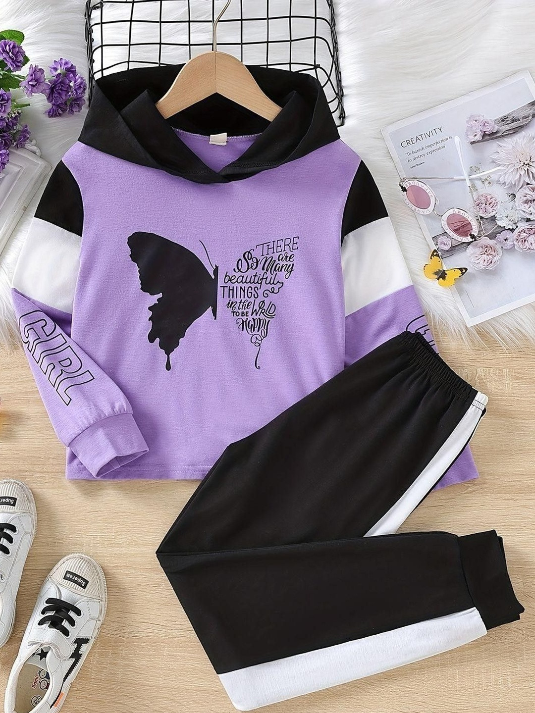 KEESOR Girls Colourblocked Hooded Sweatshirt Set