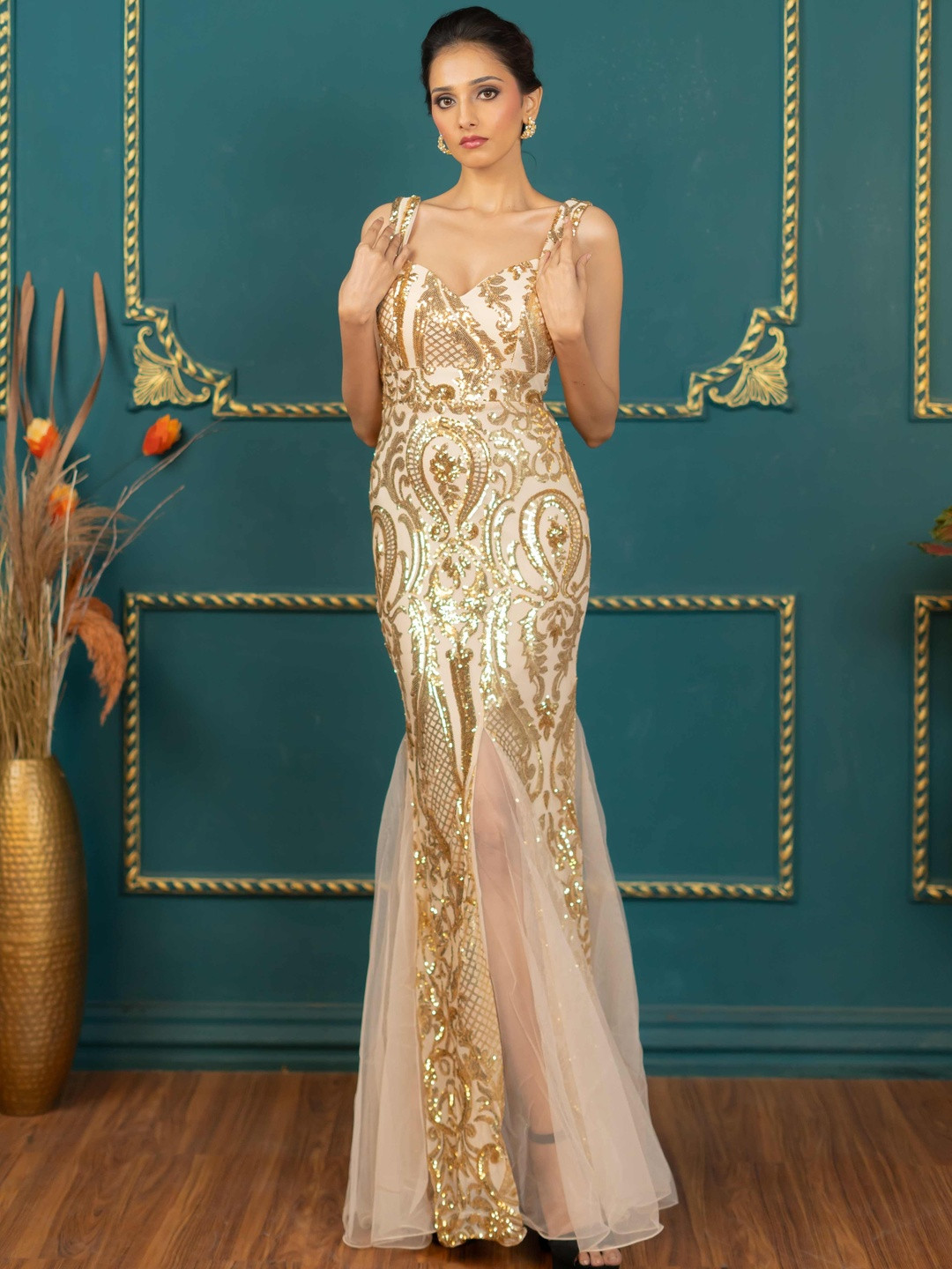 NIYARA India Women Embellished Sequin Mermaid Maxi Gown with Sheer Accents