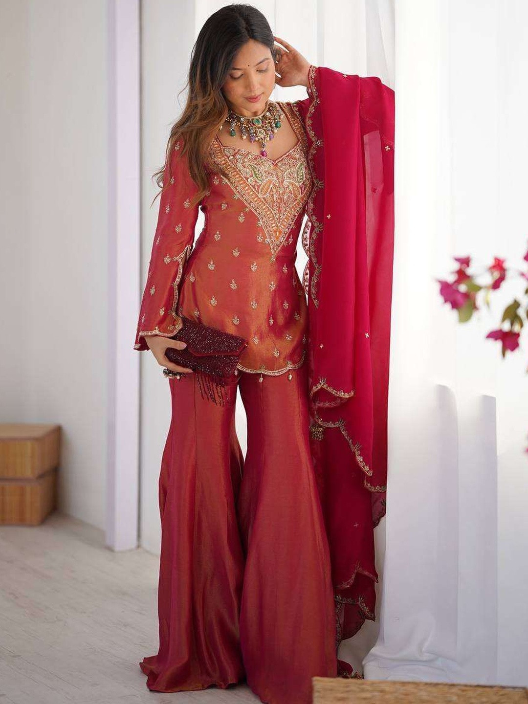 KALINI Women Pink Embroidered Sweet Heart Neck Georgette Kurta With Sharara & Dupatta Set