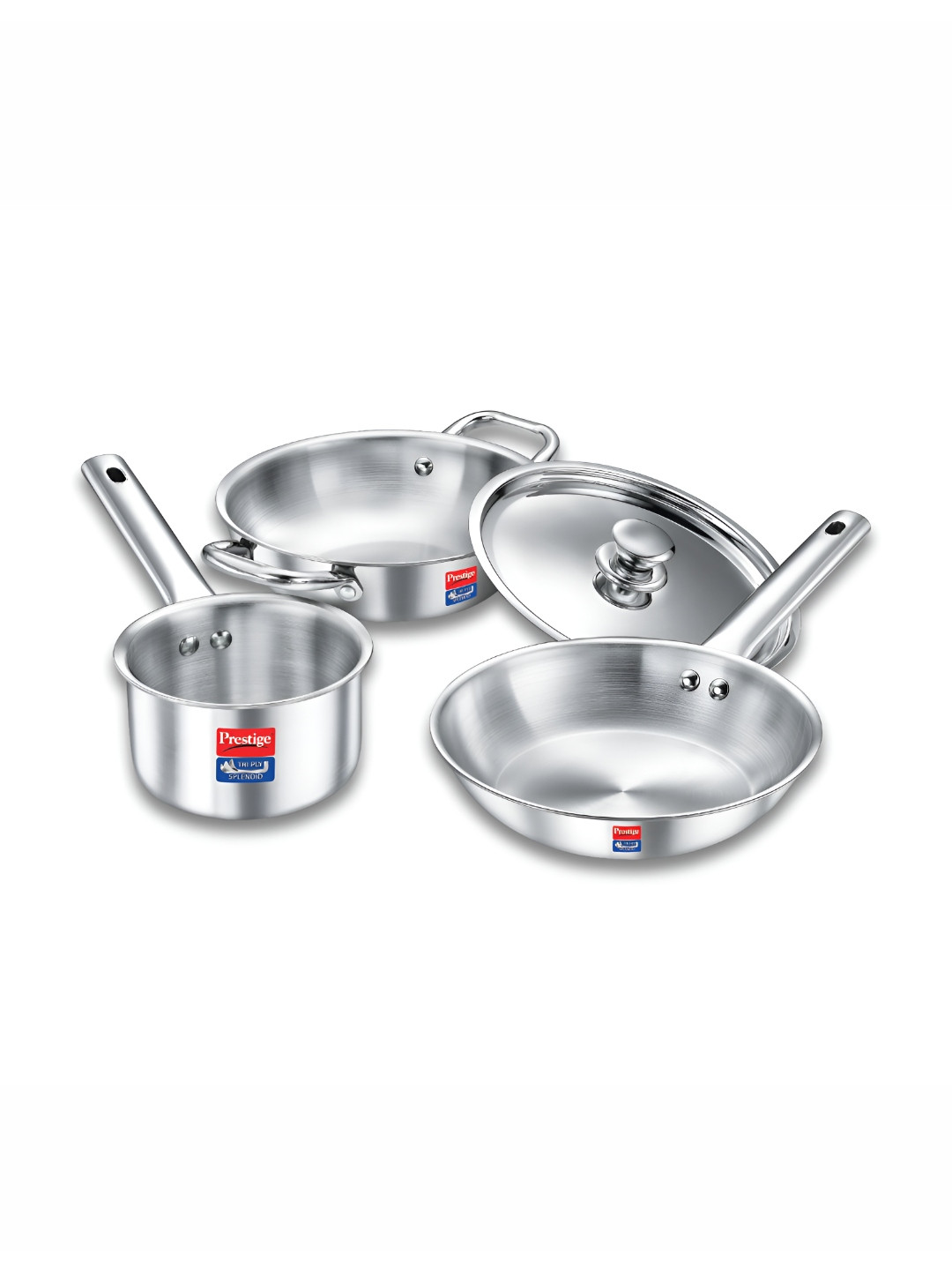 Prestige Silver-Toned 4 Pieces Kadai, Lid Fry, Pan And Sauce Pan Cookware set