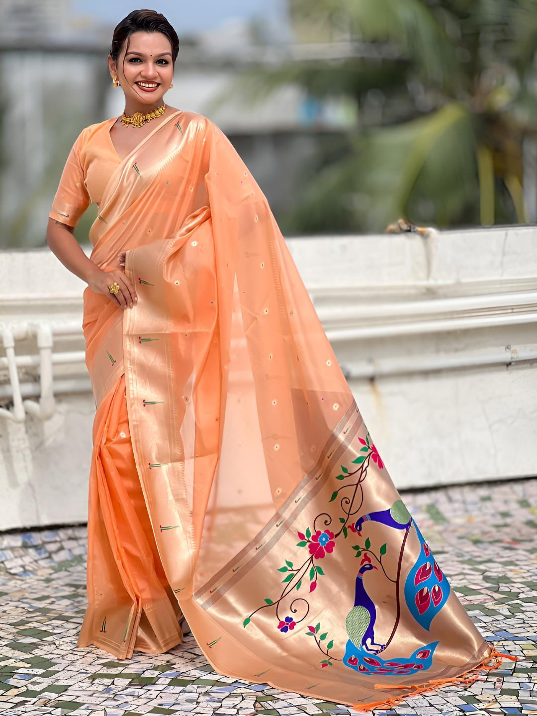 Nayanthara Trends Ethnic Motifs Woven Design Organza Paithani Saree With Blouse