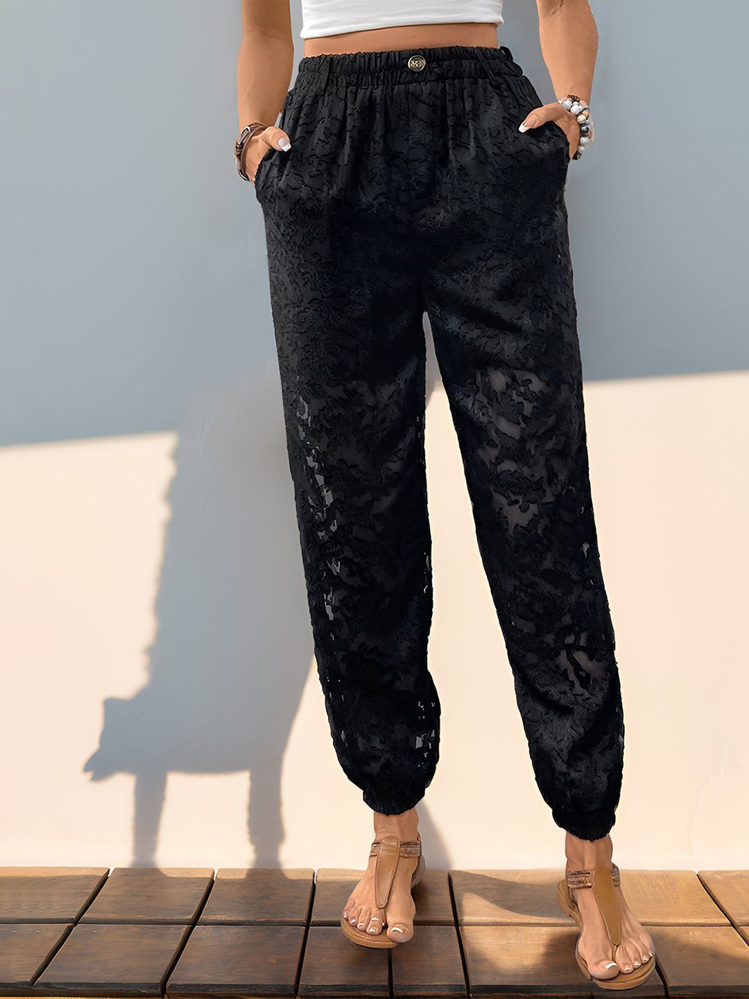 JC Mode Women Textured Sheer Jogger Trousers