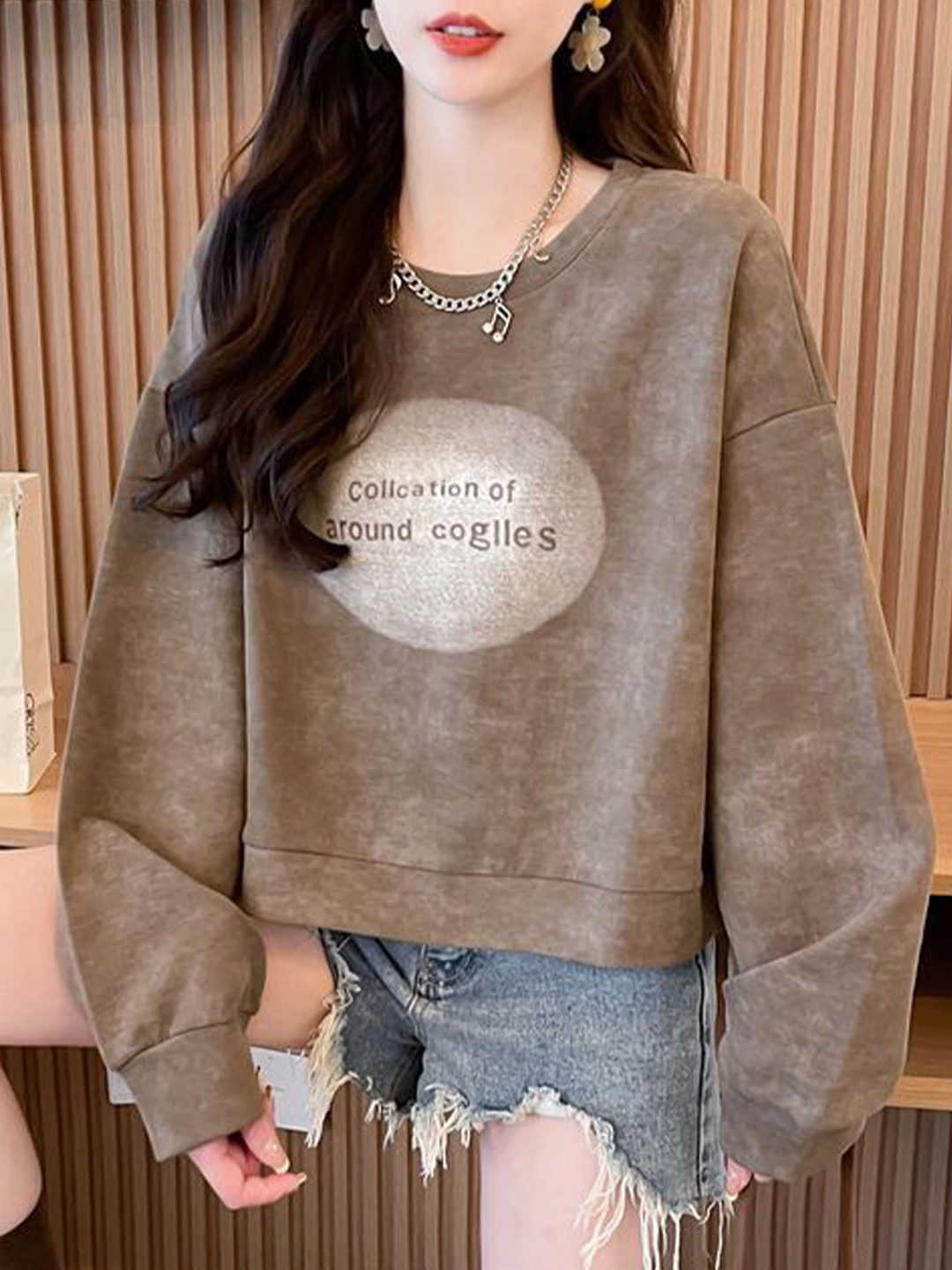 Coffee Brown Typography Round Neck Crop Sweatshirt