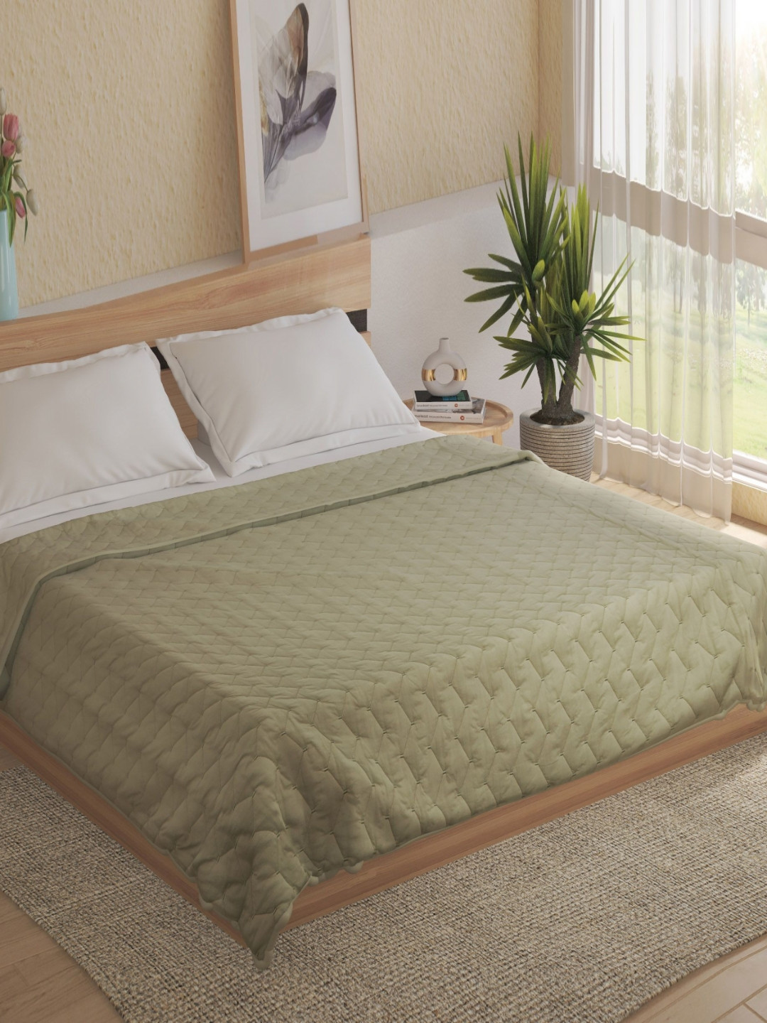 Home Centre Mystic Gard Mirelle Green Embroidered 350 GSM Cotton Double Bed Quilt