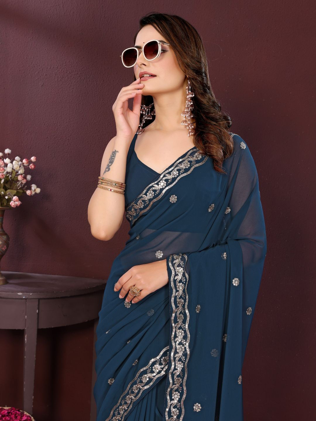 House of Pataudi Floral Embroidered Sequinned Georgette Saree With Unstitched Blouse