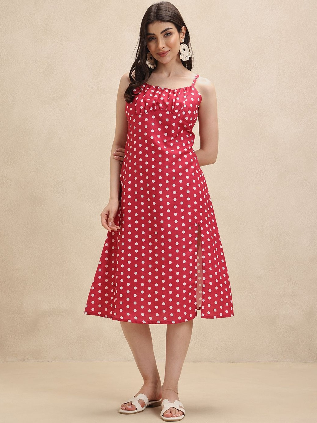M&H Easy Women Polka Dots Printed Shoulder Straps Side Slits A-Line Midi Dress