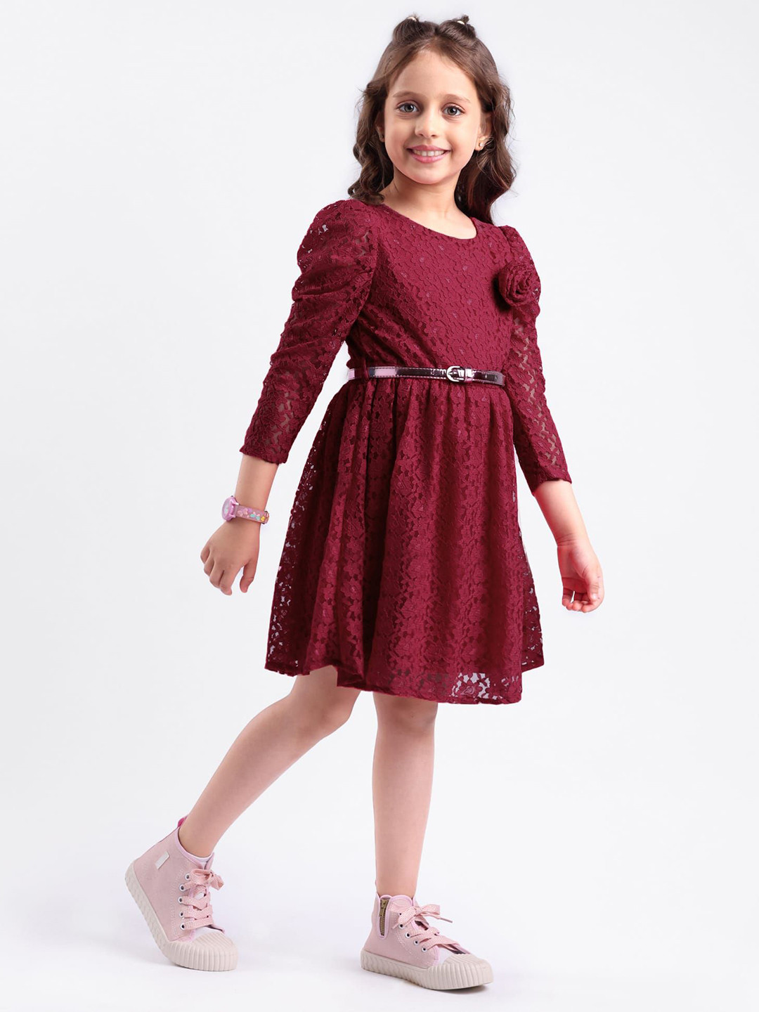 Hola Bonita Girls Lace Belted Fit & Flare Dress