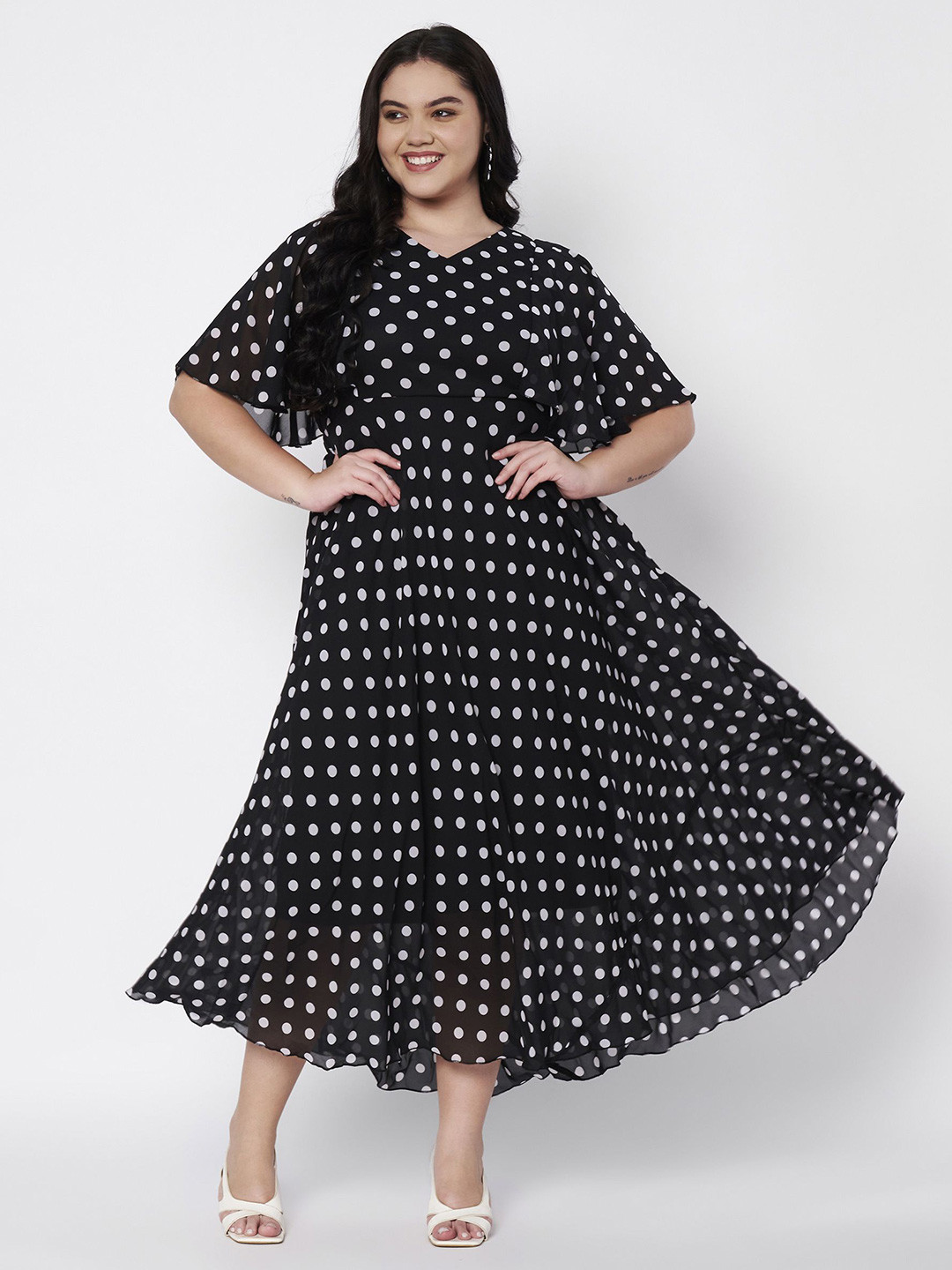 HELLO DESIGN Polka Dot Printed V-Neck Georgette Fit and Flare Maxi Dress