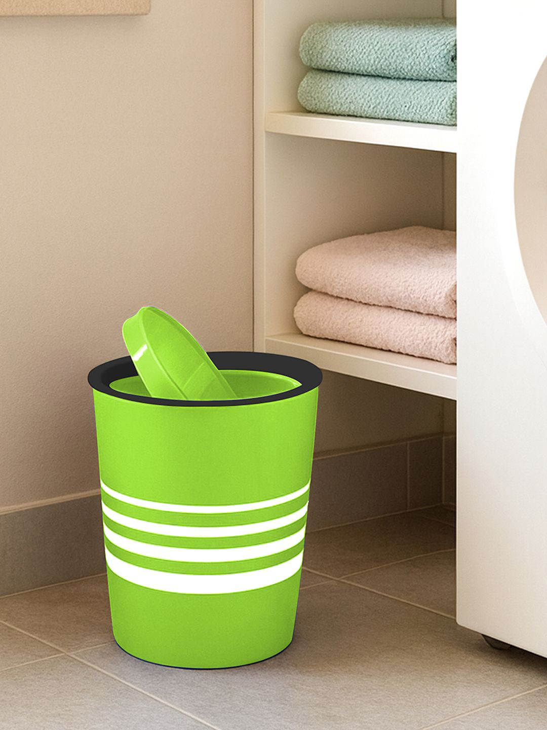 Kuber Industries Green Striped Swing Dustbin With Lid 6L