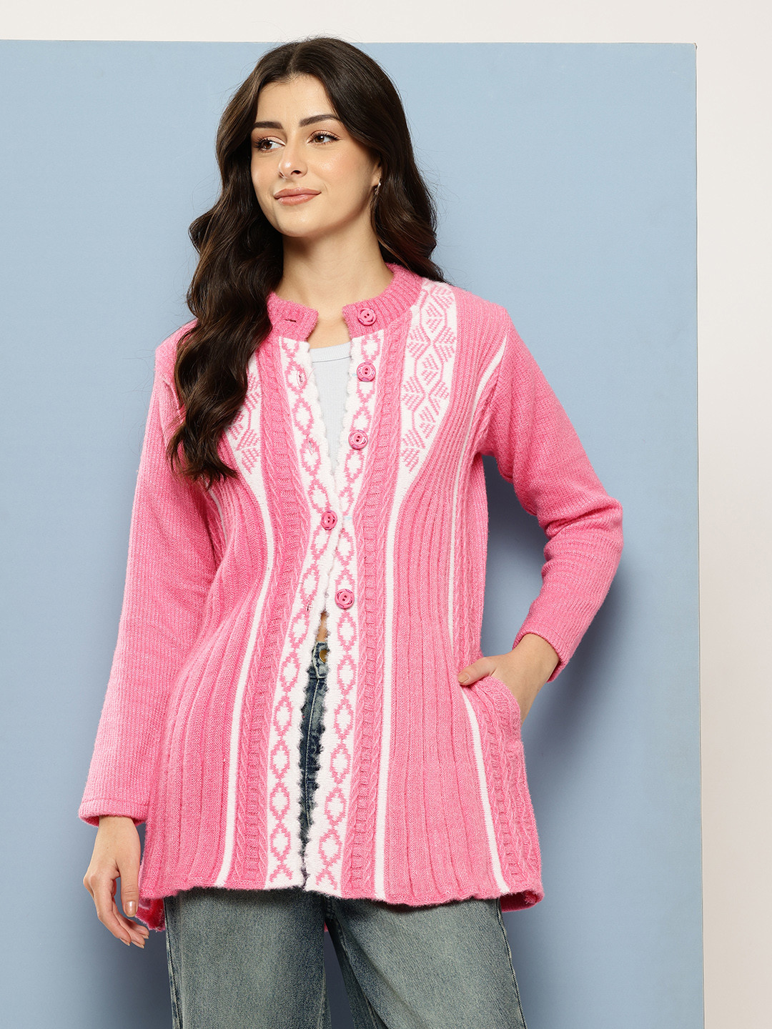 Aarika Ethnic Motifs Knitted Round Neck Woollen Longline Cardigan