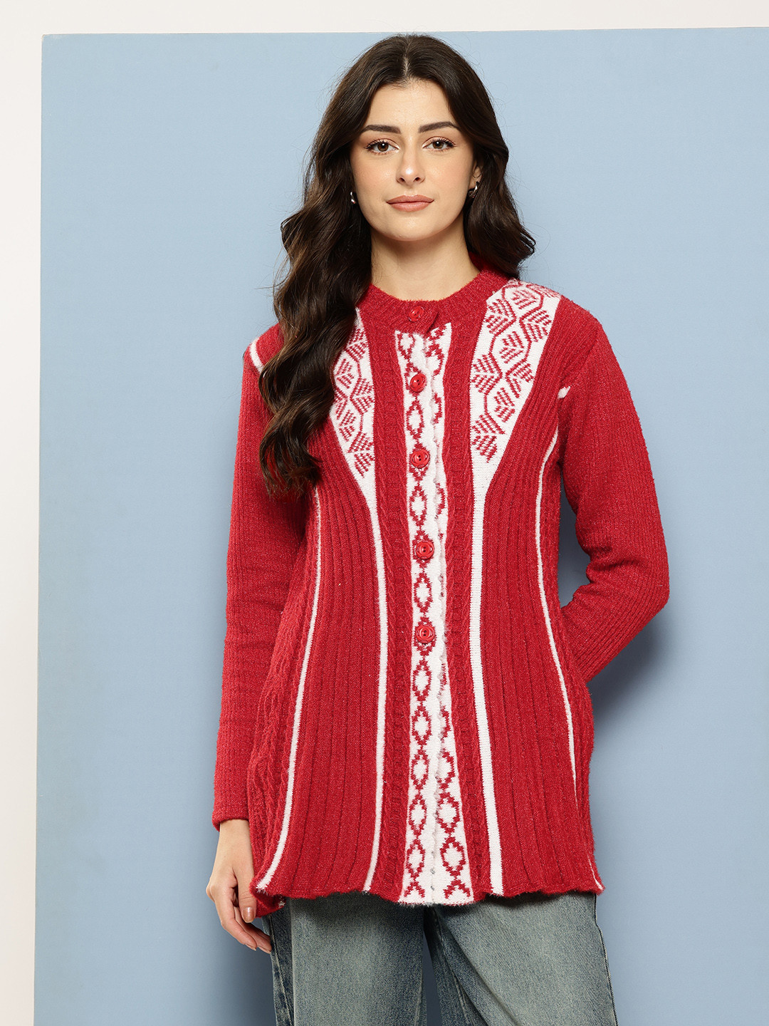 Aarika Ethnic Motifs Knitted Round Neck Woollen Longline Cardigan