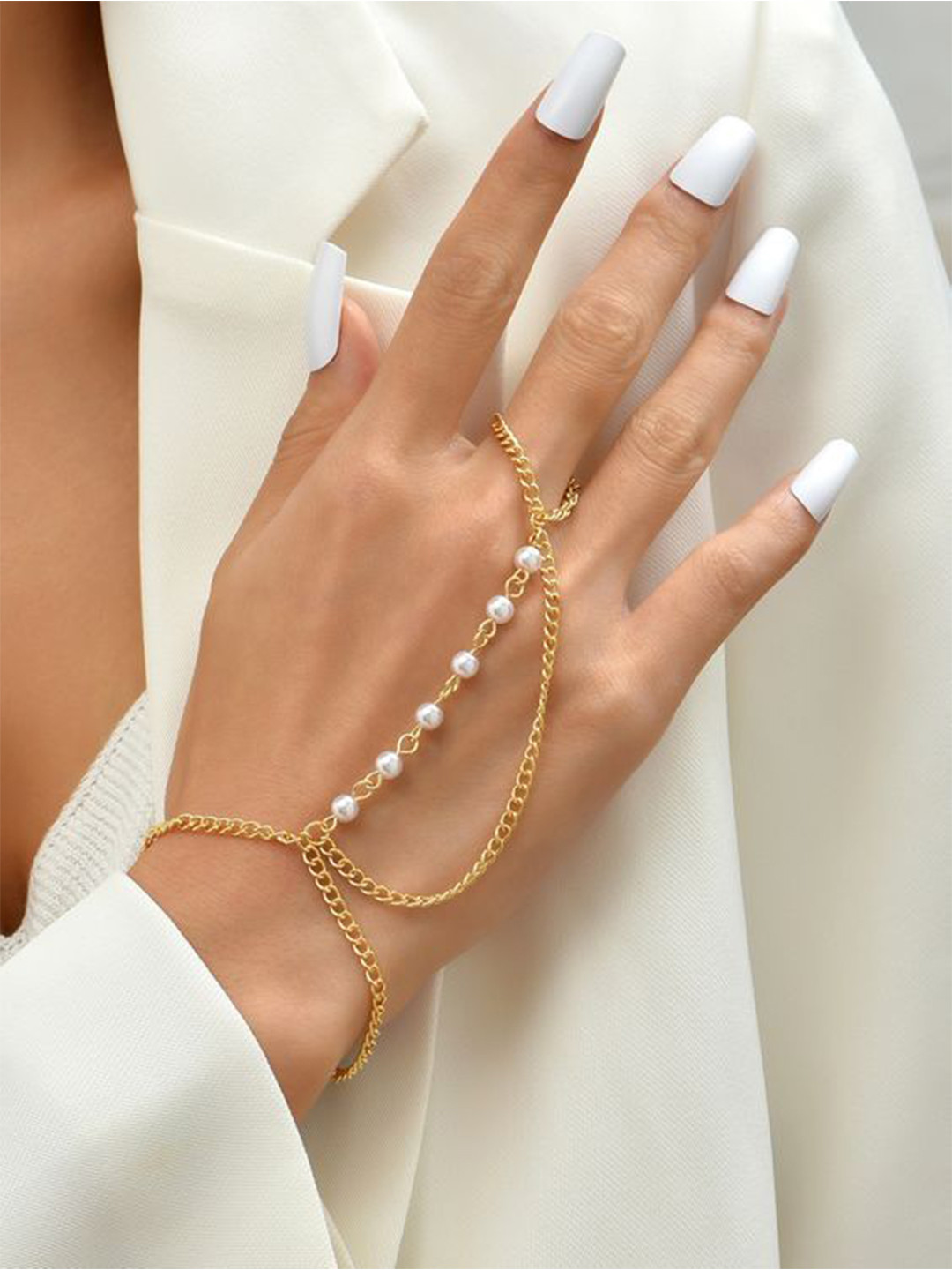 MUNMUN'S Gold Plated Pearls Beaded Haathphool Ring Bracelet