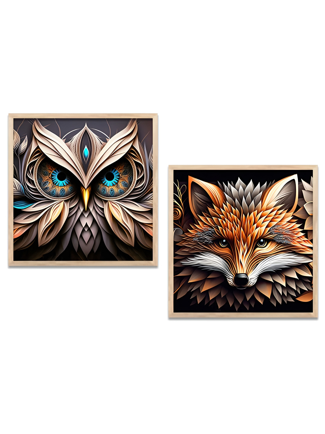 Kotart Brown & Blue 2 Pieces Owl & Fox Printed Wooden Wall Arts