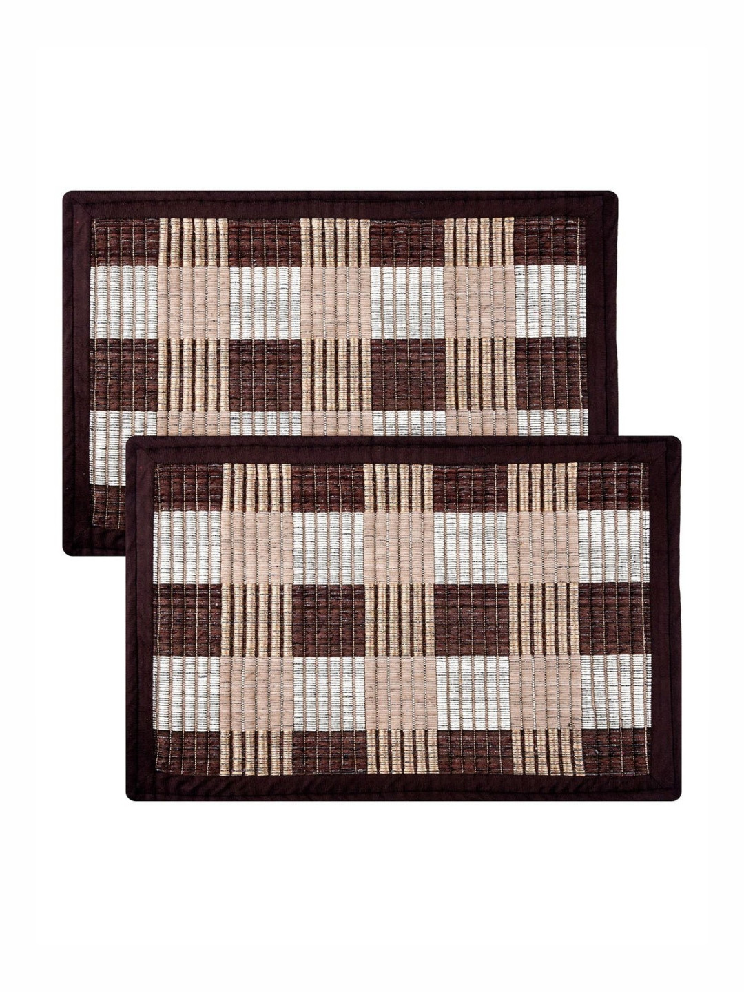 Aura Brown & White 2 Pieces Checked Anti-Skid Reversible Entryway Door Mats
