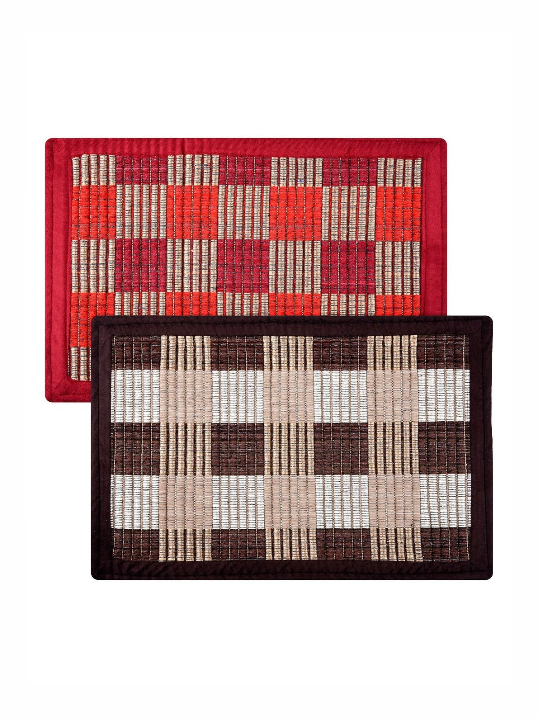 Aura Brown & White 2 Pieces Checked Anti-Skid Reversible Entryway Door Mats