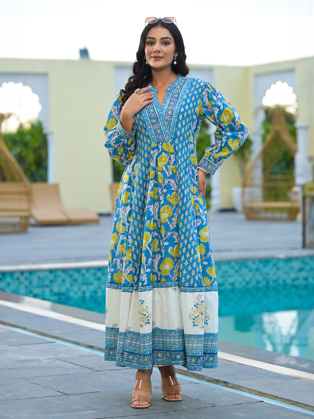 RUSTICWEAVE Women Ethnic Motifs Printed Gathered Panel Fit & Flare Maxi Dress