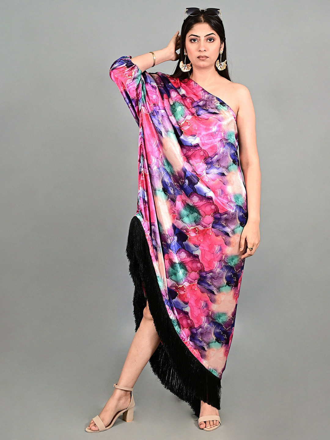 THE BEHRUZ THEORY One Shoulder Flared Sleeve Satin Fit & Flare Maxi Dress
