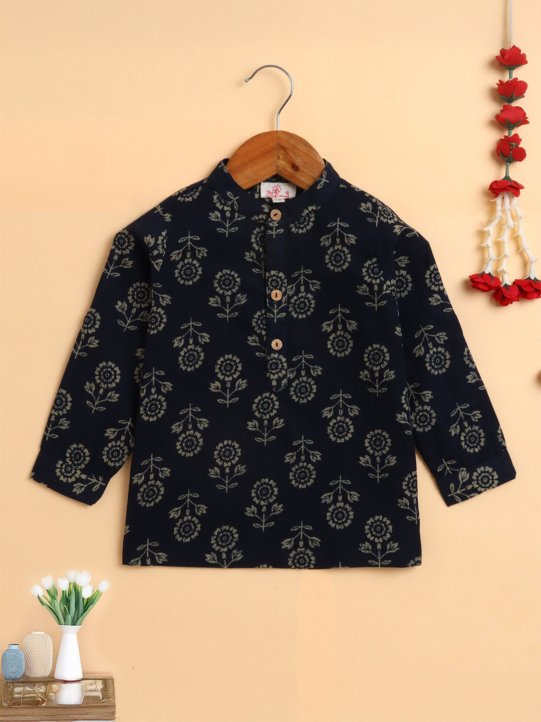The Magic Wand Boys Floral Printed Cotton Mirror Work Mandarin Collar Kurta