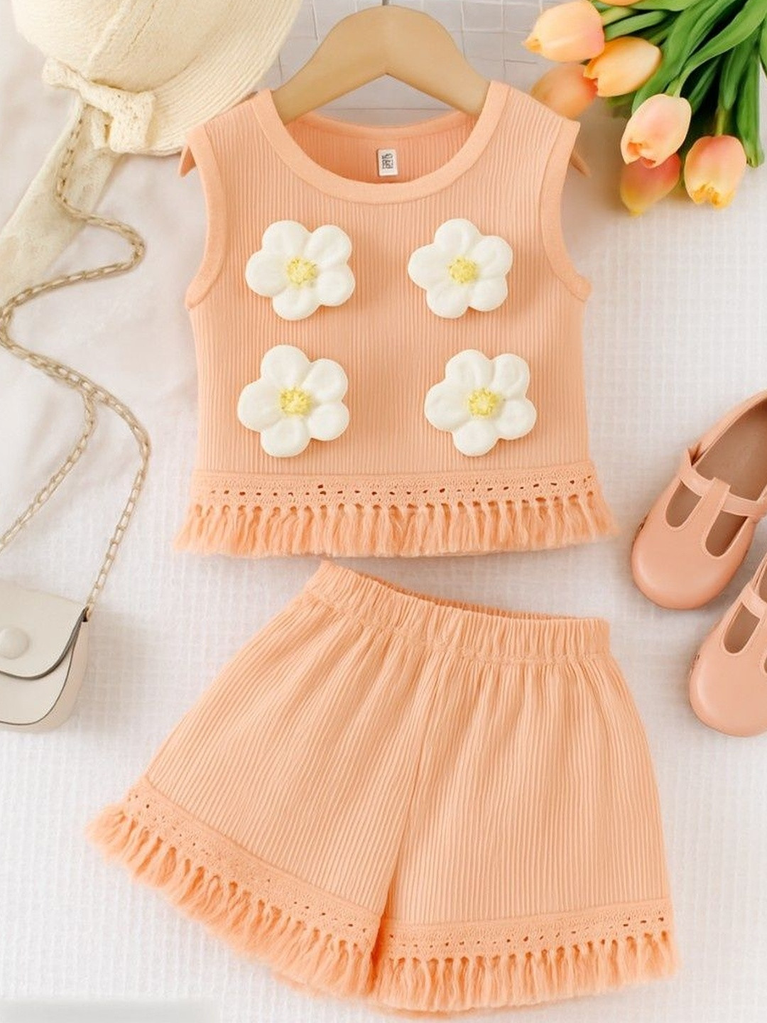 Jhilik Garments Girls Peach Trendy Floral Top and Shorts set