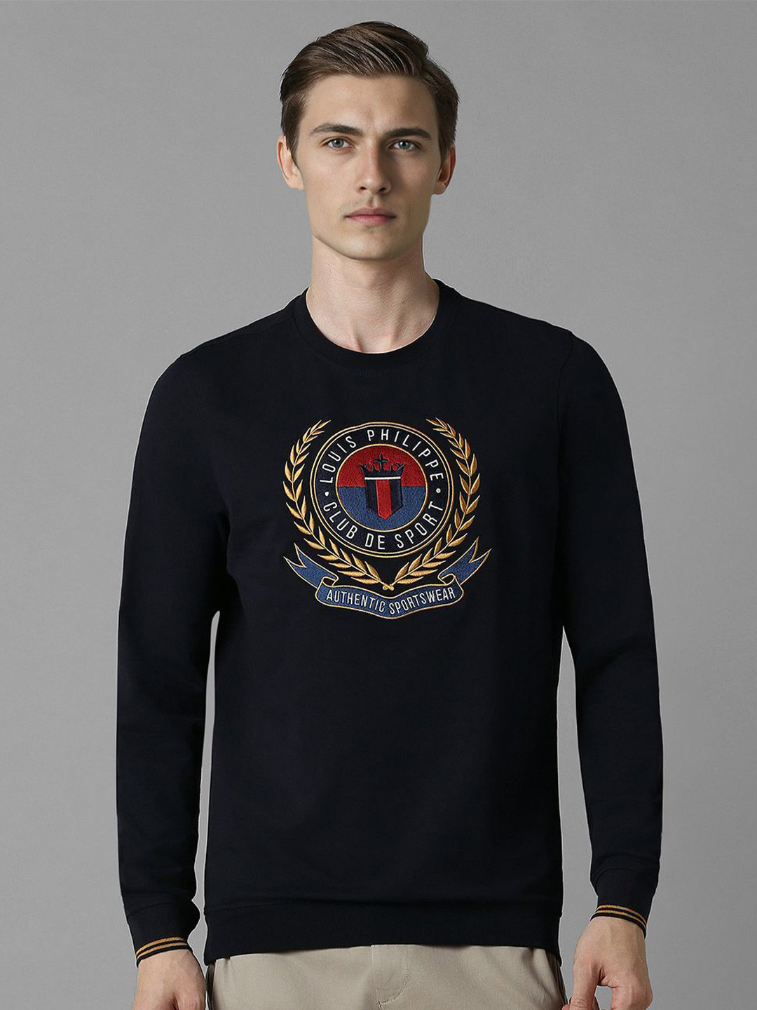 Louis Philippe Sport Graphic Embroidered Pullover Cotton Sweatshirt