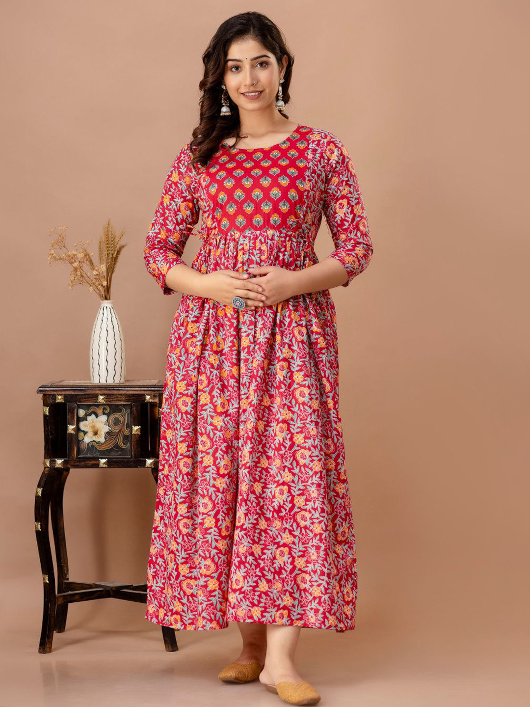 Step Queen Floral Printed Gotta Patti Maternity Anarkali Ethnic Dress