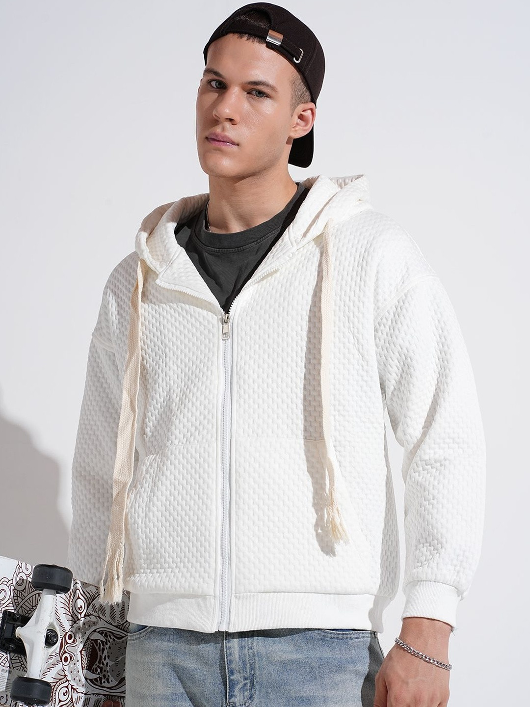SHOWOFF Men Off White Hooded Ribbed Regular Fit Sweatshirt