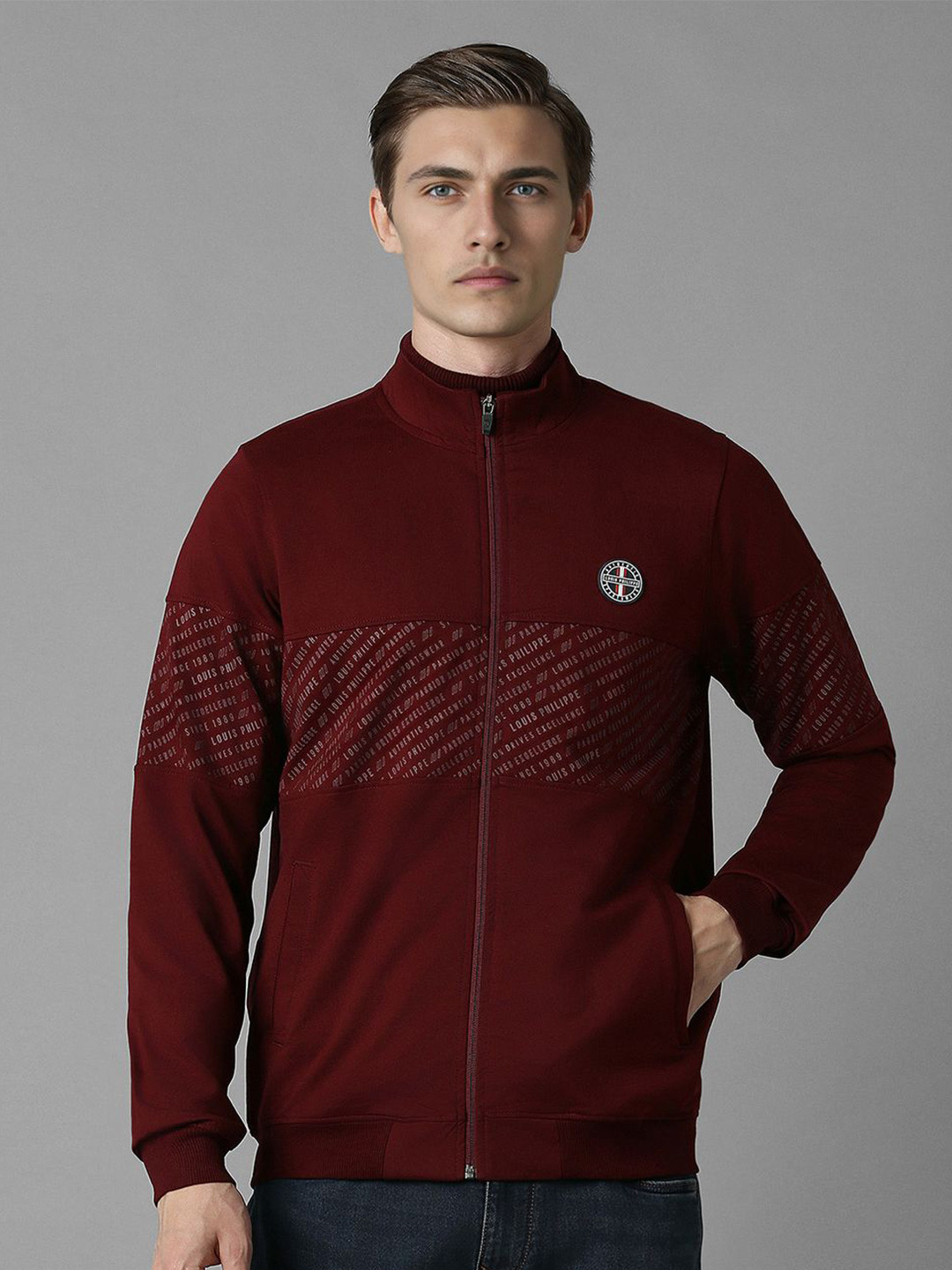 Louis Philippe Sport Men Printed Mock Collar Cotton Zipper Sweatshirt