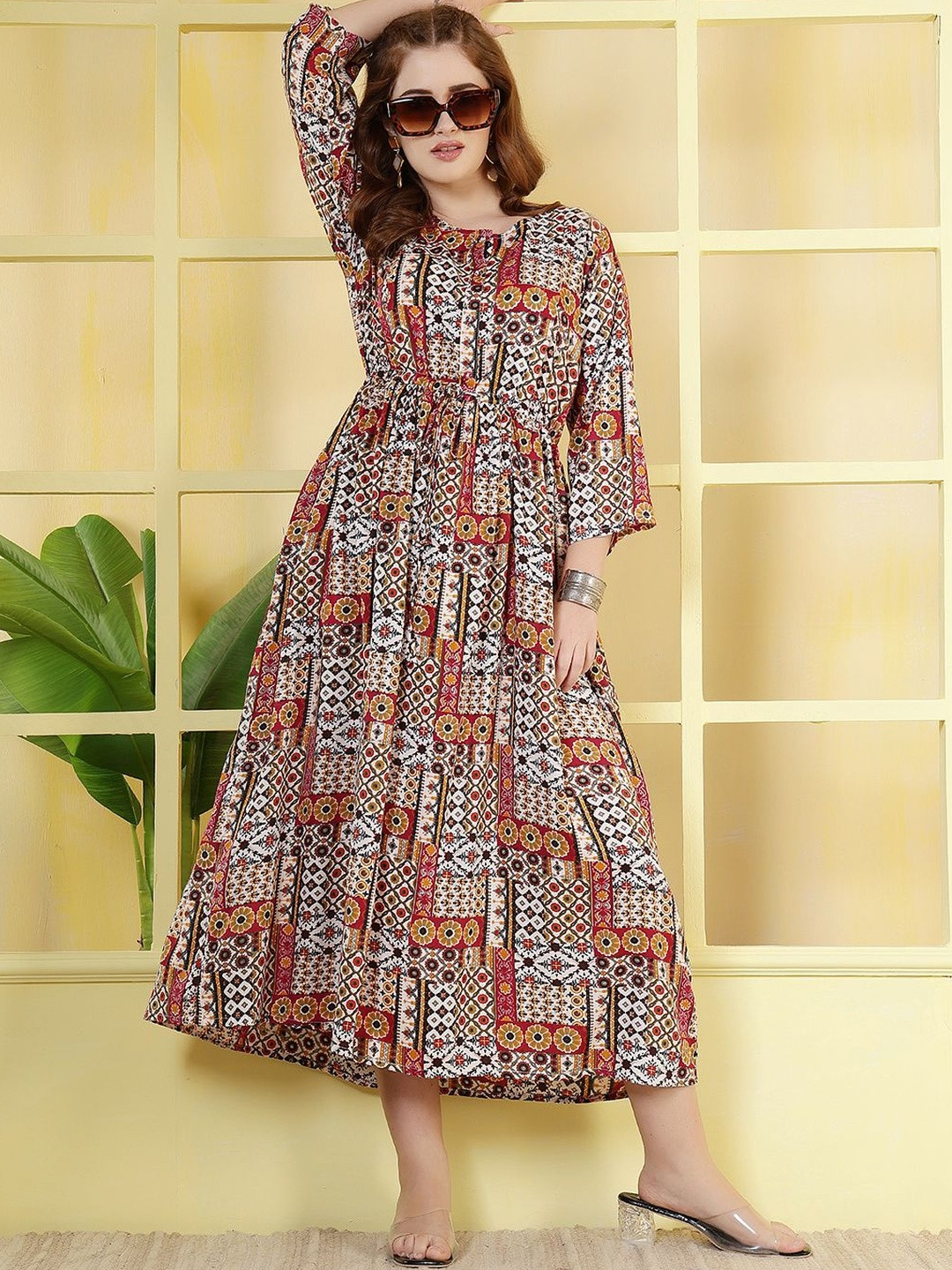 KEIYONA Women Geometric Printed Gathered or Pleated Fit and Flare Maxi Dresses