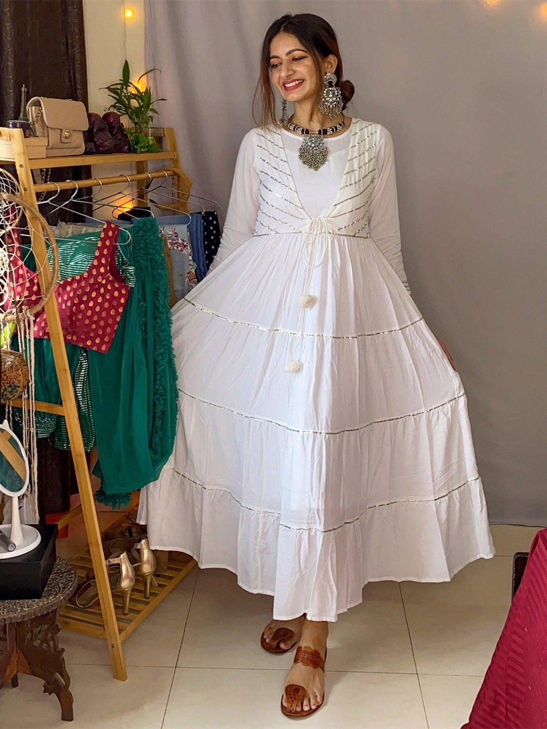 Thread & Button Women White Front Tie Cap Round Neck A-line Dress With Silver Gotta Work