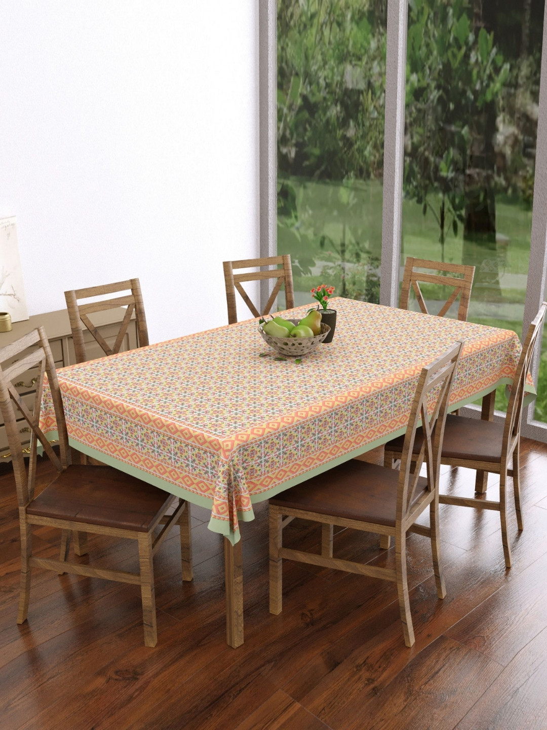Texstylers Yellow Floral Printed Rectangle Anti-Slip Pure Cotton 6-Seater Table Cover
