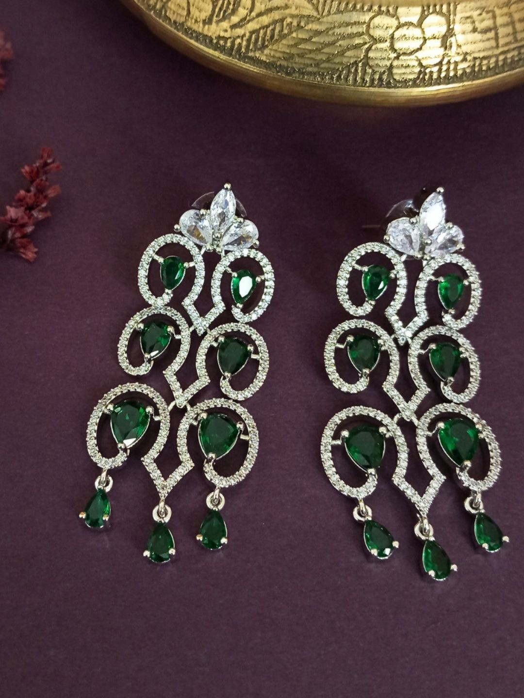 IKSAVA Silver-Plated American Diamond & Emrald Studded Teardrop Shaped Drop Earrings