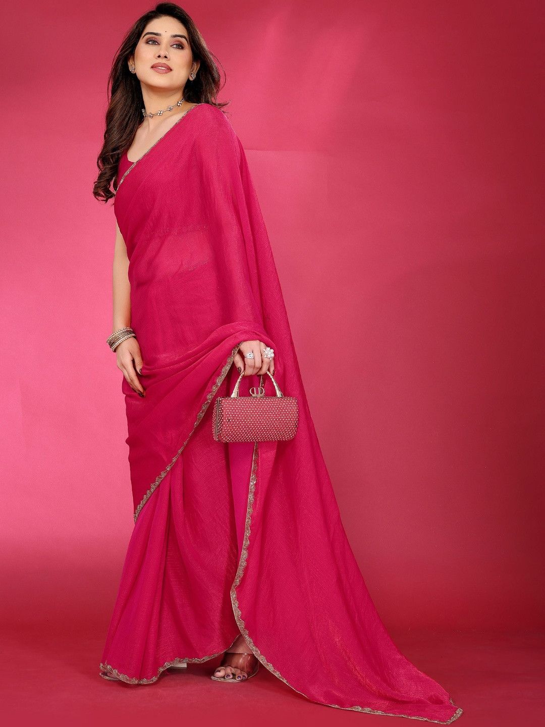 HERE&NOW Women Pink Art Silk Saree With Lace Border