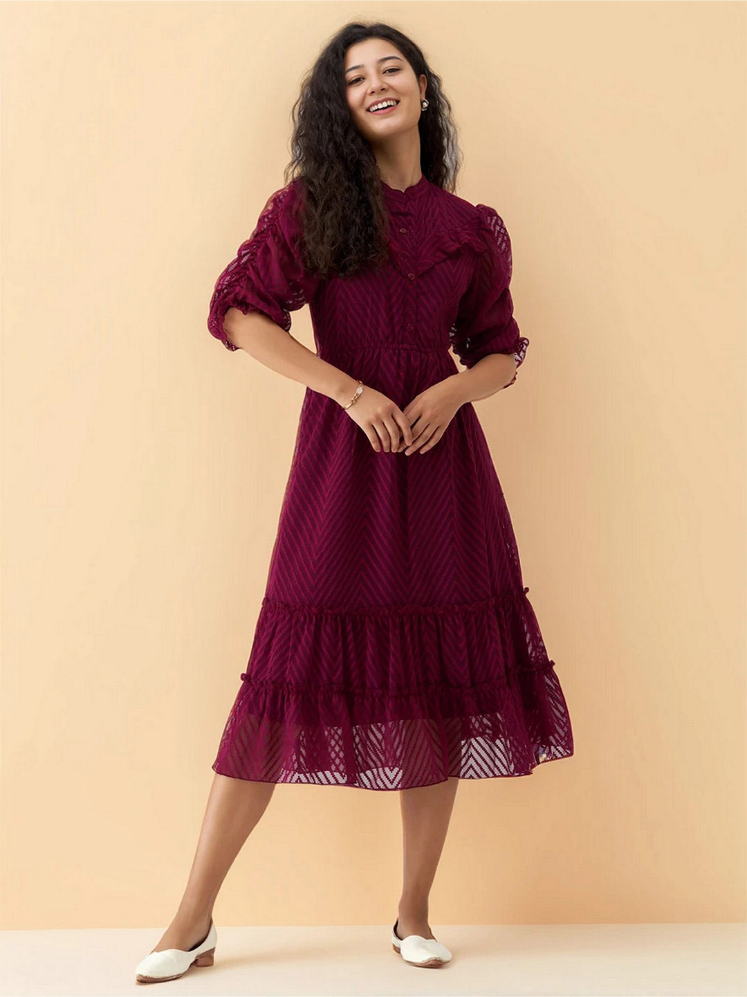 AASK Women Wine Self Design Crepe Fit and Flare Calf Length Dress