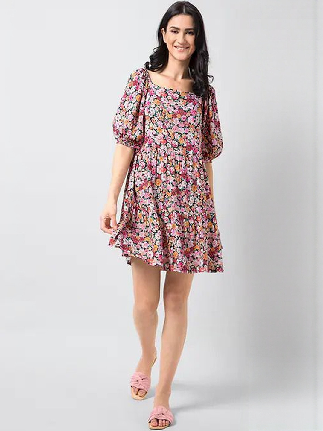 M&H Easy Floral Print Cold-Shoulder Crepe Peplum Dress