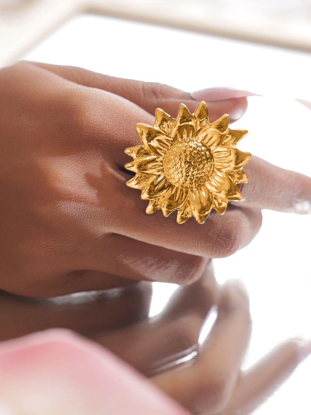 Rubans 18K Gold-Plated Stainless Steel Tarnish-Free Waterproof Sunflower Statement Ring