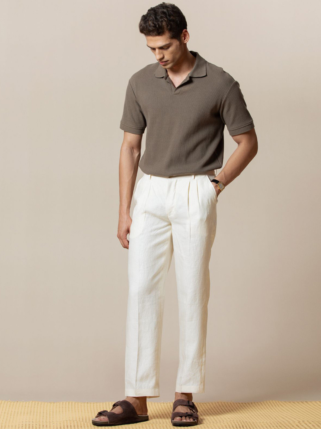LOVE PANGOLIN Men Pleated Hemp Pants