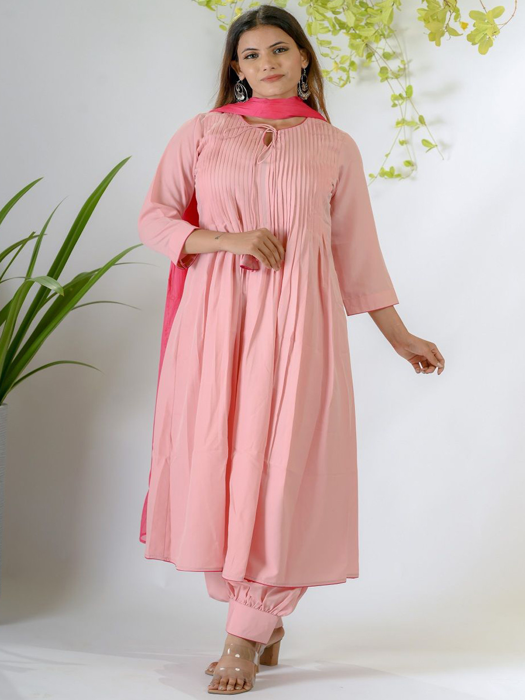 OOPNIK Women Solid Pleated A-Line Kurta with Salwar & Dupatta Set