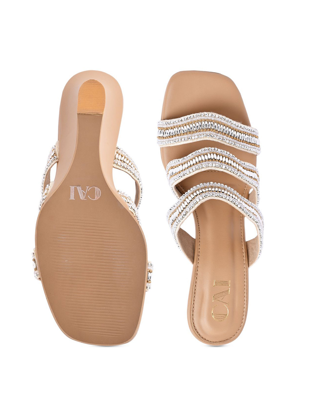 CAI Gold Embellished Wavy Beaded Wedge Sandals