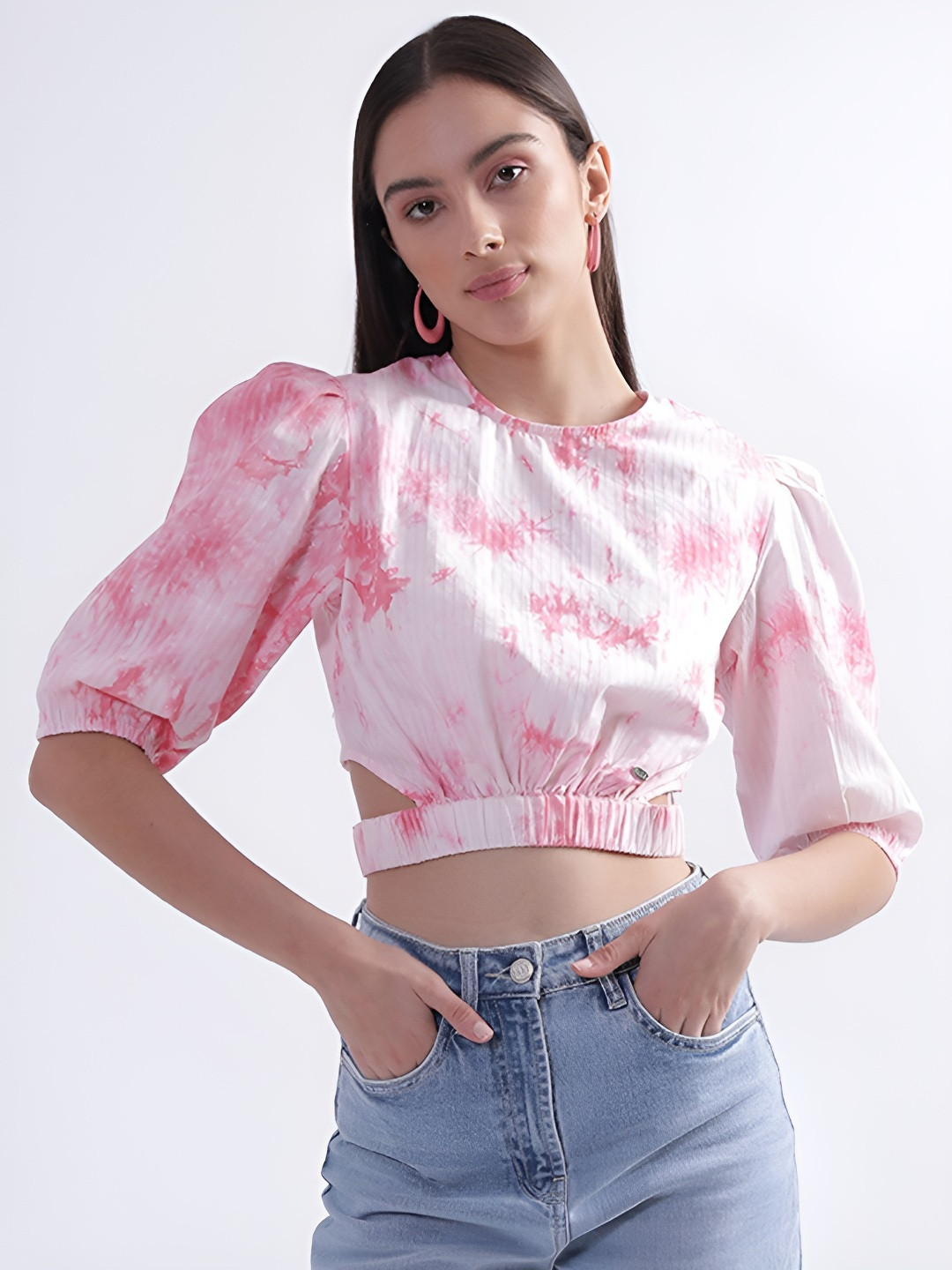 ELLE Women Tie and Dye Printed Cut Out Puff Sleeve Elasticated Waist Crop Top
