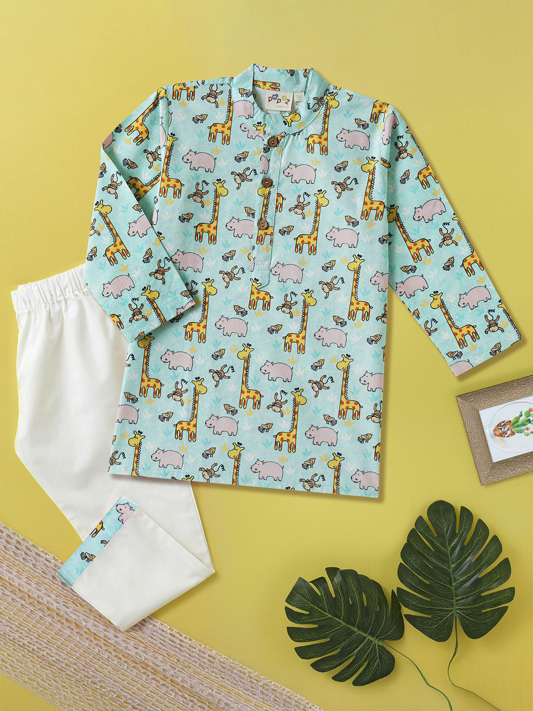 Desi Soota Boys Giraffe & Hippo Printed Pure Cotton Kurta with Pyjamas