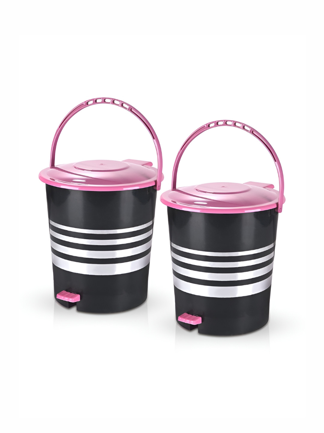 Aura Black & Pink 2 Pieces Striped One Tab Pedal Dustbins 10L Each