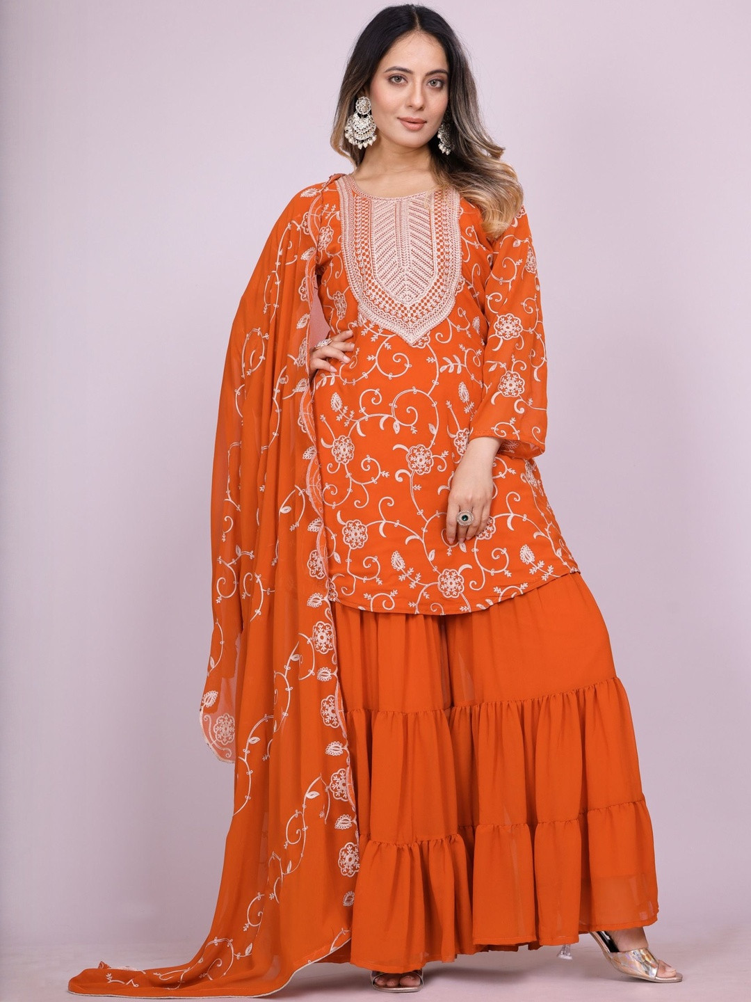 KALINI Elegant Orange Embroidered Georgette Sharara Suit Set with Dupatta